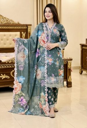 Pakistani Inspired three piece pure cotton premium (Unstitched)